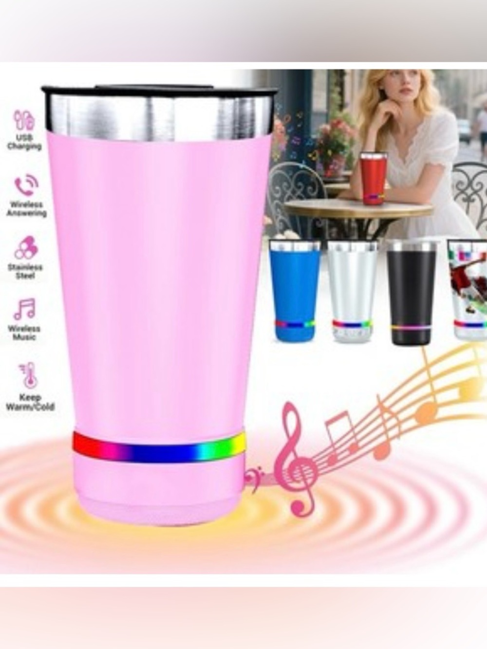 Pink LED Bluetooth Speaker Travel Tumbler Cup